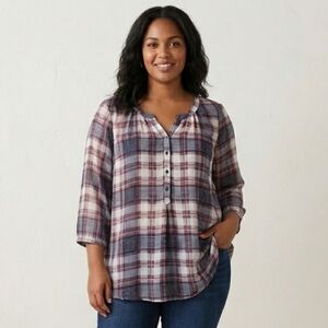 Reitmans Plaid Quarter Sleeve Tartan Blouse, Western Grange-core Style, Size XXL